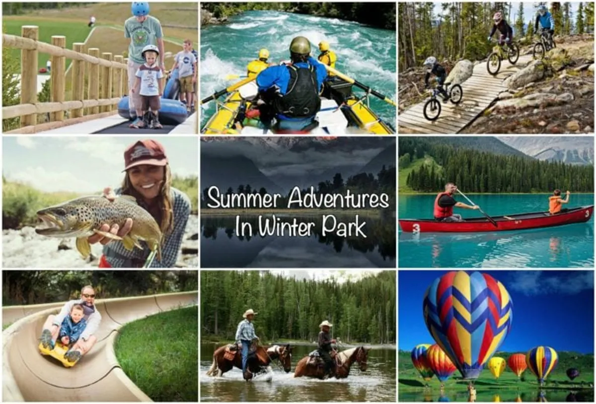 A lively outdoor scene showing families and groups enjoying a variety of summer activities: rafting, biking, fishing, kayaking, horse riding, and even hot air ballooning. The image is vibrant and full of energy, highlighting the range of adventures available during warmer months.