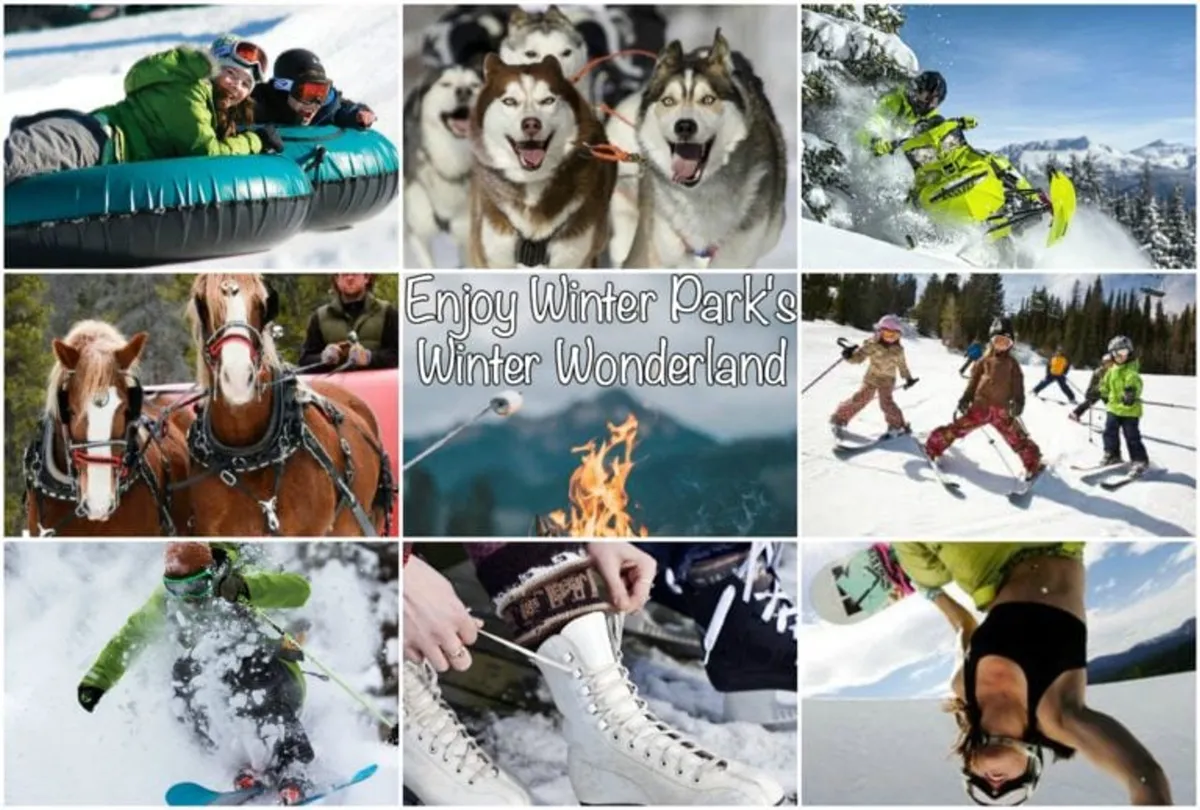 A vibrant collage scene capturing various resort activities: people tubing, huskies for dog sledding, snowmobiling, horse-drawn carriage rides, lively campfire gatherings, skiing, and children playing and ice skating. The image radiates energy and adventure in a wintry mountain setting.