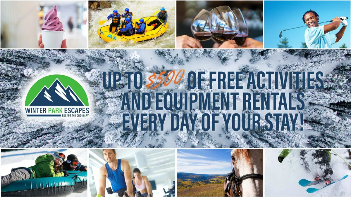 An energetic interior collage featuring representations of rafting, wine tasting, golfing, skiing, and horseback riding. These adventure activities reflect the resort-style perks and curated experiences available through the home’s exclusive services.
